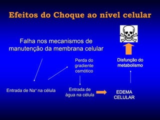 Efeitos do Choque ao nível celular


    Falha nos mecanismos de
 manutenção da membrana celular
                               Perda do      Disfunção do
                               gradiente     metabolismo
                               osmótico



Entrada de Na+ na célula    Entrada de
                                             EDEMA
                           água na célula
                                            CELULAR
 