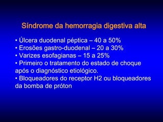 Síndrome da hemorragia digestiva alta
• Úlcera duodenal péptica – 40 a 50%
• Erosões gastro-duodenal – 20 a 30%
• Varizes esofagianas – 15 a 25%
• Primeiro o tratamento do estado de choque
após o diagnóstico etiológico.
• Bloqueadores do receptor H2 ou bloqueadores
da bomba de próton
 