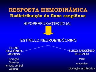 RESPOSTA HEMODINÂMICA
    Redistribuição do fluxo sangüíneo
                  HIPOPERFUSÃOTECIDUAL



            ESTÍMULO NEUROENDÓCRINO
  FLUXO
SANGÜÍNEO                           FLUXO SANGÜÍNEO
 MANTIDO                               REDUZIDO
   Coração                                  Pele
   Sistema                               músculos
nervoso central
   Adrenal                          ciculação esplâncnica
 