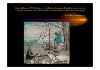 Stephen Hales em 1731 efetua a teoria da Pressão Sanguínea Arterial canulando a artéria
  carótida em cavalos e em 1733 compilou todos seus estudos circulatórios na obra técnica

                                                              designada Haemastaticks   .
 