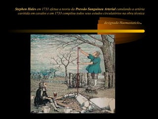 Stephen Hales em 1731 efetua a teoria da Pressão Sanguínea Arterial canulando a artéria
  carótida em cavalos e em 1733 compilou todos seus estudos circulatórios na obra técnica

                                                             designada Haemastaticks   .
 
