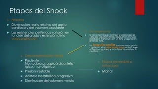 Etapas del Shock
 Primaria
 Disminución real o relativa del gasto
cardiaco y del volumen circulante
 Las resistencias perifericas variarán en
función del grado y extensión de la
vasoconstricción
 De compensación
 Si la hemorragia continúa y sobrepasa el
15% del volumen total, el volumen minuto
cardiaco disminues en un 40% y la presión
arteriasl 10%.
 La taquicardia compensa el gasto
cardiaco y la vasoconstricción redistribuye
el flujo sanguíneo y mantiene la resistencia
periferica
 Descompensación inicial
 Paciente
frio, sudoroso,taquicárdico, leta´
rgico, muy oligúrico.
 Presión inestable
 Acidosis metabólica progresiva
 Disminución del volumen minuto
 Etapa Irreversible o
refractaria
 Mortal
 