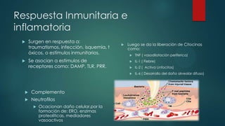 Respuesta Inmunitaria e
inflamatoria
 Surgen en respuesta a:
traumatismos, infección, isquemia, t
óxicos, o estímulos inmunitarios.
 Se asocian a estimulos de
receptores como: DAMP, TLR, PRR.
 Luego se da la liberación de Citocinas
como:
 TNF ( vasodilatación periferica)
 IL-1 ( Fiebre)
 IL-2 ( Activa Linfocitos)
 IL-6 ( Desarrollo del daño alveolar difuso)
 Complemento
 Neutrofilos
 Ocacionan daño celular,por la
formación de: ERO, enzimas
proteolíticas, mediadores
vasoactivos
 