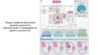 Choque: estado de disminución
general y grave de la
perfusión tisular -> desequilibrio en
aporte y consumo O2.