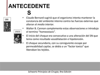 • Claude Bernard sugirió que el organismo intenta mantener la
constancia del ambiente interno contra las fuerzas externas que
alteran el medio interior.
• Walter B. Cannon complemento estas observaciones e introdujo
el termino “homeostasis”.
• El inicio del choque era consecutivo a una alteración del SN que
tenia como resultado vasodilatación e hipotensión.
• El choque secundario, con su consiguiente escape por
permeabilidad capilar, se debía a un “factor toxico” que
liberaban los tejidos.
ANTECEDENTE
S
186
8
1923
Schwartz Principios de Cirugia; 9na Edición
 