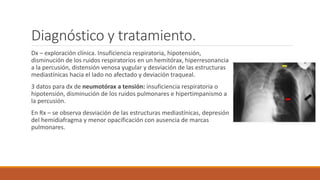 Diagnóstico y tratamiento.
Dx – exploración clínica. Insuficiencia respiratoria, hipotensión,
disminución de los ruidos respiratorios en un hemitórax, hiperresonancia
a la percusión, distensión venosa yugular y desviación de las estructuras
mediastínicas hacia el lado no afectado y deviación traqueal.
3 datos para dx de neumotórax a tensión: insuficiencia respiratoria o
hipotensión, disminución de los ruidos pulmonares e hipertimpanismo a
la percusión.
En Rx – se observa desviación de las estructuras mediastínicas, depresión
del hemidiafragma y menor opacificación con ausencia de marcas
pulmonares.
 