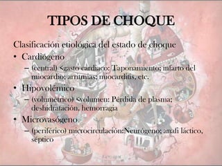 TIPOS DE CHOQUE
Clasificación etiológica del estado de choque
• Cardiógeno
– (central) <gasto cardiaco: Taponamiento; infarto del
miocardio; arritmias; miocarditis, etc.
• Hipovolémico
– (volumétrico) <volumen: Pérdida de plasma;
deshidratación, hemorragia
• Microvasógeno
– (periférico) microcirculación:Neurógeno; anafi láctico,
séptico
 