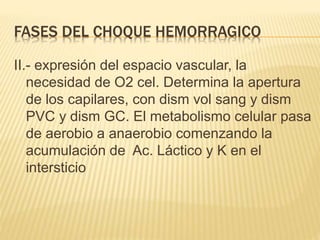 FASES DEL CHOQUE HEMORRAGICO
II.- expresión del espacio vascular, la
necesidad de O2 cel. Determina la apertura
de los capilares, con dism vol sang y dism
PVC y dism GC. El metabolismo celular pasa
de aerobio a anaerobio comenzando la
acumulación de Ac. Láctico y K en el
intersticio
 
