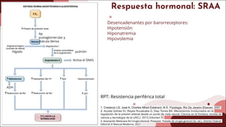 Respuesta hormonal: SRAA
Desencadenantes por barorreceptores:
Hipotensión
Hiponatremia
Hipovolemia
Ap
yuxtaglomerular y
mácula densa
Hígado pulmón
1. Costanzo LS, José A, Charles Alfred Esbérard, Al E. Fisiologia. Rio De Janeiro Elsevier; 2007.
2. Acosta Gómez EI, Reyes Ruvalcaba D, Diaz Torres BA. Mecanismos involucrados en la
regulación de la presión arterial desde un punto de vista neural. Ciencia en la frontera: revista de
ciencia y tecnología de la UACJ. 2013;Volumen XI.
3. Asociación Mexicana De Cirugía General, Proquest. Tratado de cirugía general (3a. ed.). Distrito Federal:
Editorial El Manual Moderno; 2017.
Activa el SNAS
ADH
RPT: Resistencia periférica total
 