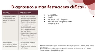 Diagnóstico y manifestaciones clínicas
● Taquicardia
● Palidez
● Menor presión de pulso
● Descenso de temperatura en
extremidades
Advanced Trauma Life Support, Student Course Manual (ATLS), Michael F. Rotonda, Tenth edition
(2018), Shock
Asociación Mexicana De Cirugía General, Proquest. Tratado de cirugía general (3a. ed.). Distrito
Federal: Editorial El Manual Moderno; 2017.
 