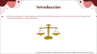 Introducción
El estado de choque es la incapacidad para cubrir las necesidades metabólicas de la célula, causando una hipoperfusión
hística que puede llevar a falla multiorgánica.
F. Charles Brunicardi Dana K. Andersen, Schwartz Principios de Cirugía, decima edición (2015), Choque
 
