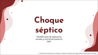 Choque
séptico
750,000 casos de septicemia
anuales y una tercera parte es
letal
F. Charles Brunicardi Dana K. Andersen, Schwartz Principios de Cirugía, décima edición (2015), Choque
 