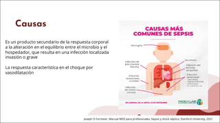 Causas
Es un producto secundario de la respuesta corporal
a la alteración en el equilibrio entre el microbio y el
hospedador, que resulta en una infección localizada
invasión o grave
La respuesta característica en el choque por
vasodilatación
Joseph D Forrester, Manual MSD para profesionales, Sepsis y shock séptico, Stanford University, 2021
 