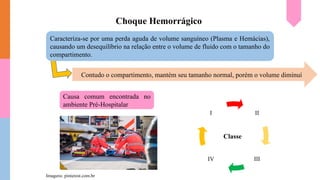 Choque Hemorrágico
Caracteriza-se por uma perda aguda de volume sanguíneo (Plasma e Hemácias),
causando um desequilíbrio na relação entre o volume de fluido com o tamanho do
compartimento.
Contudo o compartimento, mantém seu tamanho normal, porém o volume diminuí
Causa comum encontrada no
ambiente Pré-Hospitalar
II
III
IV
I
Classe
Imagens: pinterest.com.br
 