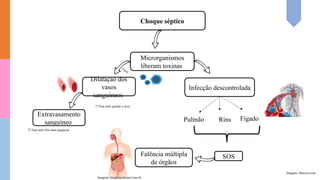 Choque séptico
Microrganismos
liberam toxinas
Infecção descontrolada
Dilatação dos
vasos
sanguíneos
Extravasamento
sanguíneo
Fígado
Gera
1ª Fase pele quente e seca
2ª Fase pele fria mais pegajosa
Pulmão Rins
SOS
Falência múltipla
de órgãos
Imagem: flaticon.com
Imagem: brasilescola.uol.com.br
 