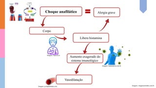 Choque anafilático
Corpo
Libera histamina
Aumento exagerado do
sistema imunológico
Vasodilatação
Alergia grave
Imagens: imagensemoldes.com.br
Imagem: todamateria.com.br
Imagem: flaticon.es
Imagem: pt.thpanorama.com
 