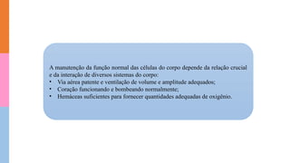 A manutenção da função normal das células do corpo depende da relação crucial
e da interação de diversos sistemas do corpo:
• Via aérea patente e ventilação de volume e amplitude adequados;
• Coração funcionando e bombeando normalmente;
• Hemáceas suficientes para fornecer quantidades adequadas de oxigênio.
 