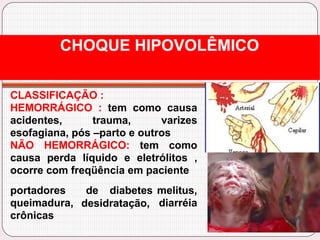 CLASSIFICAÇÃO :
HEMORRÁGICO : tem como causa
acidentes, trauma, varizes
esofagiana, pós –parto e outros
NÃO HEMORRÁGICO: tem como
causa perda líquido e eletrólitos ,
ocorre com freqüência em paciente
desidratação,
de diabetes melitus,
diarréia
portadores
queimadura,
crônicas
CHOQUE HIPOVOLÊMICO
 