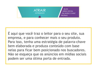É aqui que você traz o leitor para o seu site, sua
empresa, e para conhecer mais o seu produto.
Para isso, tenha uma estratégia de palavra-chave
bem elaborada e produza conteúdo com base
nelas para ficar bem posicionado nos buscadores.
Não se esqueça que os anúncios em mídias sociais
podem ser uma ótima porta de entrada.
 