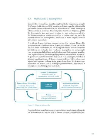 6.3.

Melhorando o desempenho

Compondo o conjunto de medidas implementadas na primeira geração
do Choque de Gestão, em 2004, a avaliação de desempenho foi instituída
para todos os servidores efetivos da Administração Direta, Autárquica
e Fundacional. A avaliação de desempenho é uma das etapas da gestão
do desempenho que tem como objetivo ser um instrumento efetivo
de alinhamento entre missão e estratégia organizacional, por meio do
desdobramento de desempenho, resultados e metas organizacionais
para o nível individual.
A gestão do desempenho está pautada em um ciclo virtuoso (Figura 25),
que consiste no planejamento do desempenho do servidor e pactuação
de suas metas individuais; no seu acompanhamento e monitoramento
periódicos; na avaliação dos resultados alcançados em comparação
com as metas estabelecidas e no feedback ou devolutiva para o servidor,
k
com replanejamento do desempenho para um novo ciclo de avaliação.
A partir do acompanhamento individual e da avaliação periódica é
possível identiﬁcar os gaps de desenvolvimento dos servidores. Esses gaps
são subsídios para a elaboração de ações de melhoria do desempenho
individual de acordo com a estratégia governamental, objetivando a
entrega dos resultados para a sociedade.

Acordar o Desempenho
Plano de Gestão do
Desempenho Individual - PGDI

Desenvolver e Reconhecer
Feedback, Treinamento,
Mobilidade, ADE, gratificações

Papel da
Liderança

Acompanhar e Orientar
Feedback, Tempestivo
e Acompanhamentos do PGDI

Avaliar
Fechamento do PGDI
Avaliação/Instrumento

Figura 25: Gestão do desempenho

A gestão do desempenho é um processo contínuo e, desde sua implantação
em Minas Gerais no ano de 2004, já passou por três grandes evoluções.

115

 