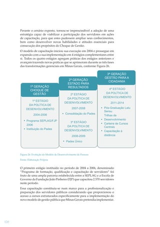 Perante o cenário exposto, tornou-se imprescindível a adoção de uma
estratégia capaz de viabilizar a participação dos servidores em ações
de capacitação, para que estes pudessem ampliar seus conhecimentos,
bem como desenvolver novas habilidades e atitudes essenciais para
consecução dos propósitos do Choque de Gestão.
O modelo de capacitação iniciou sua execução em 2004 e prossegue em
expansão com a sua implementação em 4 estágios complementares entre
si. Todos os quatro estágios agregam práticas dos estágios anteriores e
avançam trazendo novas práticas que se aprimoram durante as três fases
das transformações gerenciais em Minas Gerais, conforme Figura 26.

1ª GERAÇÃO
CHOQUE DE
GESTÃO
1º ESTÁGIO
DA POLÍTICA DE
DESENVOLVIMENTO
2004-2006
Programa SEPLAG/FJP
2006
Instituição do Pades

2ª GERAÇÃO
ESTADO PARA
RESULTADOS
2º ESTÁGIO
DA POLÍTICA DE
DESENVOLVIMENTO
2007-2008
Consolidação do Pades
3º ESTÁGIO
DA POLÍTICA DE
DESENVOLVIMENTO
2008-2009

3ª GERAÇÃO
GESTÃO PARA A
CIDADANIA
4º ESTÁGIO
DA POLÍTICA DE
DESENVOLVIMENTO
2011-2014
Pós-Graduação Latu
Sensu
Trilhas de
Desenvolvimento
Carteira de Cursos
Centrais
Capacitação à
distância

Pades Único

Figura 26: Evolução do Modelo de Desenvolvimento de Pessoas
Fonte: Elaboração Própria

O primeiro estágio instituído no período de 2004 a 2006, denominado
“Programa de formação, qualiﬁcação e capacitação de servidores” foi
fruto de uma ampla parceria estabelecida entre a SEPLAG e a Escola de
Governo da Fundação João Pinheiro (FJP) que capacitou 2.570 servidores
neste período.
Essa capacitação constituiu-se num marco para a proﬁssionalização e
preparação dos servidores públicos considerando que proporcionou o
acesso a cursos estruturados especiﬁcamente para a implementação do
novo modelo de gestão pública que Minas Gerais pretendia implementar.

120

 