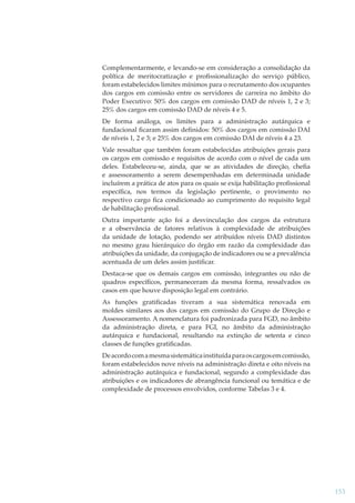 Complementarmente, e levando-se em consideração a consolidação da
política de meritocratização e proﬁssionalização do serviço público,
foram estabelecidos limites mínimos para o recrutamento dos ocupantes
dos cargos em comissão entre os servidores de carreira no âmbito do
Poder Executivo: 50% dos cargos em comissão DAD de níveis 1, 2 e 3;
25% dos cargos em comissão DAD de níveis 4 e 5.
De forma análoga, os limites para a administração autárquica e
fundacional ﬁcaram assim deﬁnidos: 50% dos cargos em comissão DAI
de níveis 1, 2 e 3; e 25% dos cargos em comissão DAI de níveis 4 a 23.
Vale ressaltar que também foram estabelecidas atribuições gerais para
os cargos em comissão e requisitos de acordo com o nível de cada um
deles. Estabeleceu-se, ainda, que se as atividades de direção, cheﬁa
e assessoramento a serem desempenhadas em determinada unidade
incluírem a prática de atos para os quais se exija habilitação proﬁssional
especíﬁca, nos termos da legislação pertinente, o provimento no
respectivo cargo ﬁca condicionado ao cumprimento do requisito legal
de habilitação proﬁssional.
Outra importante ação foi a desvinculação dos cargos da estrutura
e a observância de fatores relativos à complexidade de atribuições
da unidade de lotação, podendo ser atribuídos níveis DAD distintos
no mesmo grau hierárquico do órgão em razão da complexidade das
atribuições da unidade, da conjugação de indicadores ou se a prevalência
acentuada de um deles assim justiﬁcar.
Destaca-se que os demais cargos em comissão, integrantes ou não de
quadros especíﬁcos, permaneceram da mesma forma, ressalvados os
casos em que houve disposição legal em contrário.
As funções gratiﬁcadas tiveram a sua sistemática renovada em
moldes similares aos dos cargos em comissão do Grupo de Direção e
Assessoramento. A nomenclatura foi padronizada para FGD, no âmbito
da administração direta, e para FGI, no âmbito da administração
autárquica e fundacional, resultando na extinção de setenta e cinco
classes de funções gratiﬁcadas.
De acordo com a mesma sistemática instituída para os cargos em comissão,
foram estabelecidos nove níveis na administração direta e oito níveis na
administração autárquica e fundacional, segundo a complexidade das
atribuições e os indicadores de abrangência funcional ou temática e de
complexidade de processos envolvidos, conforme Tabelas 3 e 4.

153

 