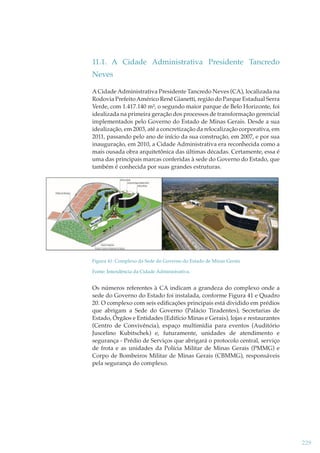 11.1. A Cidade Administrativa Presidente Tancredo
Neves
A Cidade Administrativa Presidente Tancredo Neves (CA), localizada na
Rodovia Prefeito Américo Renê Gianetti, região do Parque Estadual Serra
Verde, com 1.417.140 m², o segundo maior parque de Belo Horizonte, foi
idealizada na primeira geração dos processos de transformação gerencial
implementados pelo Governo do Estado de Minas Gerais. Desde a sua
idealização, em 2003, até a concretização da relocalização corporativa, em
2011, passando pelo ano de início da sua construção, em 2007, e por sua
inauguração, em 2010, a Cidade Administrativa era reconhecida como a
mais ousada obra arquitetônica das últimas décadas. Certamente, essa é
uma das principais marcas conferidas à sede do Governo do Estado, que
também é conhecida por suas grandes estruturas.

Figura 41: Complexo da Sede do Governo do Estado de Minas Gerais
Fonte: Intendência da Cidade Administrativa.

Os números referentes à CA indicam a grandeza do complexo onde a
sede do Governo do Estado foi instalada, conforme Figura 41 e Quadro
20. O complexo com seis ediﬁcações principais está dividido em prédios
que abrigam a Sede do Governo (Palácio Tiradentes), Secretarias de
Estado, Órgãos e Entidades (Edifício Minas e Gerais), lojas e restaurantes
(Centro de Convivência), espaço multimídia para eventos (Auditório
Juscelino Kubitschek) e, futuramente, unidades de atendimento e
segurança - Prédio de Serviços que abrigará o protocolo central, serviço
de frota e as unidades da Polícia Militar de Minas Gerais (PMMG) e
Corpo de Bombeiros Militar de Minas Gerais (CBMMG), responsáveis
pela segurança do complexo.

229

 