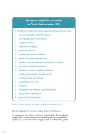 Escopo de atuação da Intendência
da Cidade Administrativa (ICA)
A Intendência é responsável pelas seguintes categorias de serviços:
obra, manutenção e gestão do espaço
alimentação e gestão de franquias
saúde do servidor
segurança e recepção
transporte e trânsito
comunicação, eventos e entorno
gestão de espaços e conservação
tecnologia da informação e comunicação do complexo
serviços de copeiro e garçonaria
jardinagem, limpeza e controle de pragas
gestão e armazenagem de documentos
mensageria interna e externa
reprografia e impressão
mobiliário
fornecimento de refeições e bebidas quentes
gestão de frota de veículos
gestão de estacionamento

Quadro 22. Escopo de atuação da Intendência da Cidade Administrativa (ICA)

11.1.2. Gestão de Facilities e Acordo de Nível de Serviço
A centralização dos órgãos públicos e a constituição da Intendência
compreendem avanços no que foi idealizado para o serviço público e
a gestão do Governo. O modelo de gestão da CA acompanha a gestão

234

 