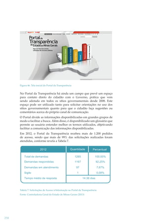 Figura 46. Tela inicial do Portal da Transparência

No Portal da Transparência há ainda um campo que prevê um espaço
para contato direto do cidadão com o Governo, prática que vem
sendo adotada em todos os sítios governamentais desde 2008. Este
espaço pode ser utilizado tanto para solicitar orientações no uso dos
sítios governamentais quanto para que o cidadão faça sugestões ou
comentários acerca do próprio canal de comunicação.
O Portal divide as informações disponibilizadas em grandes grupos de
modo a facilitar a busca. Além disso, é disponibilizado um glossário que
permite ao usuário entender melhor os termos utilizados, objetivando
facilitar a comunicação das informações disponibilizadas.
Em 2012, o Portal da Transparência recebeu mais de 1.200 pedidos
de acesso, sendo que mais de 99% das solicitações realizadas foram
atendidas, conforme revela a Tabela 7.
Quantidade

Percentual

Total de demandas

1265

100,00%

Demandas respondidas

1167

92,25%

Demandas em atendimento

97

7,67%

Sigilo

1

0,08%

2012

Tempo médio de resposta

14,36 dias

Tabela 7: Solicitações de Acesso à Informação no Portal da Transparência
Fonte: Controladoria Geral do Estado de Minas Gerais (2013)

258

 