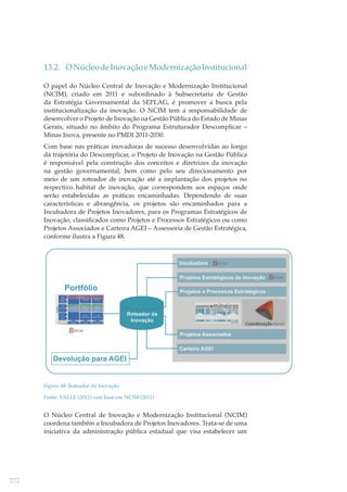 13.2. O Núcleo de Inovação e Modernização Institucional
O papel do Núcleo Central de Inovação e Modernização Institucional
(NCIM), criado em 2011 e subordinado à Subsecretaria de Gestão
da Estratégia Governamental da SEPLAG, é promover a busca pela
institucionalização da inovação. O NCIM tem a responsabilidade de
desenvolver o Projeto de Inovação na Gestão Pública do Estado de Minas
Gerais, situado no âmbito do Programa Estruturador Descomplicar –
Minas Inova, presente no PMDI 2011-2030.
Com base nas práticas inovadoras de sucesso desenvolvidas ao longo
da trajetória do Descomplicar, o Projeto de Inovação na Gestão Pública
é responsável pela construção dos conceitos e diretrizes da inovação
na gestão governamental, bem como pelo seu direcionamento por
meio de um roteador de inovação até a implantação dos projetos no
respectivo habitat de inovação, que correspondem aos espaços onde
serão estabelecidas as práticas encaminhadas. Dependendo de suas
características e abrangência, os projetos são encaminhados para a
Incubadora de Projetos Inovadores, para os Programas Estratégicos de
Inovação, classiﬁcados como Projetos e Processos Estratégicos ou como
Projetos Associados e Carteira AGEI – Assessoria de Gestão Estratégica,
conforme ilustra a Figura 48.

Incubadora

NCIM

Projetos Estratégicos de Inovação

Portfólio

Projetos e Processos Estratégicos

Roteador da
Inovação
NCIM

Projetos Associados
Carteira AGEI

Devolução para AGEI

Figura 48: Roteador da Inovação
Fonte: VALLE (2012) com base em NCIM (2011)

O Núcleo Central de Inovação e Modernização Institucional (NCIM)
coordena também a Incubadora de Projetos Inovadores. Trata-se de uma
iniciativa da administração pública estadual que visa estabelecer um

272

NCIM

 