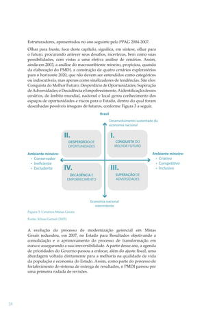 Estruturadores, apresentados no ano seguinte pelo PPAG 2004-2007.
Olhar para frente, foco deste capítulo, signiﬁca, em síntese, olhar para
o futuro, procurando antever seus desaﬁos, incertezas, bem como suas
possibilidades, com vistas a uma efetiva análise de cenários. Assim,
ainda em 2003, a análise do macroambiente mineiro, propiciou, quando
da elaboração do PMDI, a construção de quatro cenários exploratórios
para o horizonte 2020, que não devem ser entendidos como categóricos
ou indiscutíveis, mas apenas como sinalizadores de tendências. São eles:
Conquista do Melhor Futuro; Desperdício de Oportunidades; Superação
de Adversidades; e Decadência e Empobrecimento. A identiﬁcação desses
cenários, de âmbito mundial, nacional e local gerou conhecimento dos
espaços de oportunidades e riscos para o Estado, dentro do qual foram
desenhadas possíveis imagens de futuros, conforme Figura 3 a seguir.

Figura 3: Cenários Minas Gerais
Fonte: Minas Gerais (2003)

A evolução do processo de modernização gerencial em Minas
Gerais redundou, em 2007, no Estado para Resultados objetivando a
consolidação e o aprimoramento do processo de transformação em
curso e assegurando a sua irreversibilidade. A partir desse ano, a agenda
de prioridades do Governo passou a enfocar, além do ajuste ﬁscal, uma
abordagem voltada diretamente para a melhoria na qualidade de vida
da população e economia do Estado. Assim, como parte do processo de
fortalecimento do sistema de entrega de resultados, o PMDI passou por
uma primeira rodada de revisões.

28

 