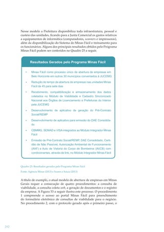 Nesse modelo a Prefeitura disponibiliza toda infraestrutura, pessoal e
custeio das unidades, ﬁcando para a Junta Comercial os gastos relativos
a equipamentos de informática (computadores, scanners e impressoras),
além da disponibilização do Sistema do Minas Fácil e treinamento para
os funcionários. Alguns dos principais resultados obtidos pelo Programa
Minas Fácil podem ser conferidos no Quadro 25 a seguir.

Resultados Gerados pelo Programa Minas Fácil
Minas Fácil como processo único de abertura de empresas em
Belo Horizonte em outros 30 municípios conveniados à JUCEMG
Redução do tempo de abertura de empresas nas unidades Minas
Fácil de 45 para sete dias
Recebimento, compatibilização e armazenamento dos dados
coletados no Módulo de Viabilidade e Cadastro Sincronizado
Nacional aos Órgãos de Licenciamento e Prefeituras do Interior
pela JUCEMG
Desenvolvimento de aplicativo de geração do Pré-Contrato
Social/REMP
Desenvolvimento de aplicativo para emissão do DAE Consolidado
CBMMG, SEMAD e VISA integrados ao Módulo Integrador Minas
Fácil
Emissão de Pré-Contrato Social/REMP, DAE Consolidado, Certidão de Não Passível, Autorização Ambiental de Funcionamento
(AAF) e Auto de Vistoria do Corpo de Bombeiros (AVCB) com
condicionantes, através de link, no Módulo Integrador Minas Fácil

Quadro 25: Resultados gerados pelo Programa Minas Fácil
Fonte: Agência Minas (2013) e Soares e Souza (2013)

A título de exemplo, o atual modelo de abertura de empresas em Minas
Gerais requer a consecução de quatro procedimentos: a consulta de
viabilidade, a consulta coleta web, a geração de documentos e o registro
da empresa. A Figura 53 a seguir ilustra este processo. O procedimento
1 compreende o acesso ao portal Minas Fácil para preenchimento
do formulário eletrônico de consultas de viabilidade para o negócio.
No procedimento 2, com o protocolo gerado após o primeiro passo, o

292

 