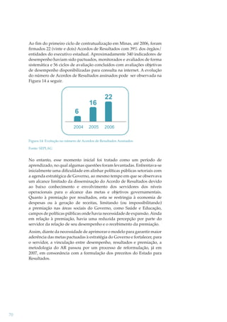 Ao ﬁm do primeiro ciclo de contratualização em Minas, até 2006, foram
ﬁrmados 22 (vinte e dois) Acordos de Resultados com 39% dos órgãos/
entidades do executivo estadual. Aproximadamente 340 indicadores de
desempenho haviam sido pactuados, monitorados e avaliados de forma
sistemática e 56 ciclos de avaliação concluídos com avaliações objetivas
de desempenho disponibilizadas para consulta na internet. A evolução
do número de Acordos de Resultados assinados pode ser observada na
Figura 14 a seguir.

16

22

6
2004

2005

2006

Figura 14: Evolução no número de Acordos de Resultados Assinados
Fonte: SEPLAG

No entanto, esse momento inicial foi tratado como um período de
aprendizado, no qual algumas questões foram levantadas. Enfrentava-se
inicialmente uma diﬁculdade em alinhar políticas públicas setoriais com
a agenda estratégica de Governo, ao mesmo tempo em que se observava
um alcance limitado da disseminação do Acordo de Resultados devido
ao baixo conhecimento e envolvimento dos servidores dos níveis
operacionais para o alcance das metas e objetivos governamentais.
Quanto à premiação por resultados, esta se restringia à economia de
despesas ou à geração de receitas, limitando (ou impossibilitando)
a premiação nas áreas sociais do Governo, como Saúde e Educação,
campos de políticas públicas onde havia necessidade de expansão. Ainda
em relação à premiação, havia uma reduzida percepção por parte do
servidor da relação de seu desempenho e o recebimento da premiação.
Assim, diante da necessidade de aprimorar o modelo para garantir maior
aderência das metas pactuadas à estratégia do Governo e fortalecer, para
o servidor, a vinculação entre desempenho, resultados e premiação, a
metodologia do AR passou por um processo de reformulação, já em
2007, em consonância com a formulação dos preceitos do Estado para
Resultados.

70

 