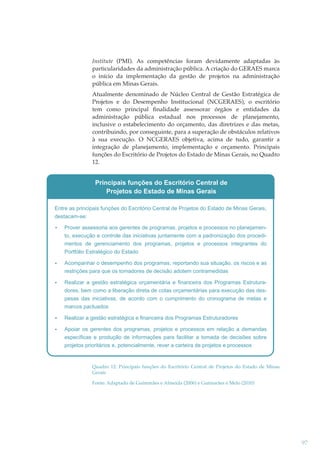 Institute (PMI). As competências foram devidamente adaptadas às
particularidades da administração pública. A criação do GERAES marca
o início da implementação da gestão de projetos na administração
pública em Minas Gerais.
Atualmente denominado de Núcleo Central de Gestão Estratégica de
Projetos e do Desempenho Institucional (NCGERAES), o escritório
tem como principal ﬁnalidade assessorar órgãos e entidades da
administração pública estadual nos processos de planejamento,
inclusive o estabelecimento do orçamento, das diretrizes e das metas,
contribuindo, por conseguinte, para a superação de obstáculos relativos
à sua execução. O NCGERAES objetiva, acima de tudo, garantir a
integração de planejamento, implementação e orçamento. Principais
funções do Escritório de Projetos do Estado de Minas Gerais, no Quadro
12.

Principais funções do Escritório Central de
Projetos do Estado de Minas Gerais
Entre as principais funções do Escritório Central de Projetos do Estado de Minas Gerais,
destacam-se:
Prover assessoria aos gerentes de programas, projetos e processos no planejamento, execução e controle das iniciativas juntamente com a padronização dos procedimentos de gerenciamento dos programas, projetos e processos integrantes do
Portfólio Estratégico do Estado
Acompanhar o desempenho dos programas, reportando sua situação, os riscos e as
restrições para que os tomadores de decisão adotem contramedidas
Realizar a gestão estratégica orçamentária e financeira dos Programas Estruturadores, bem como a liberação direta de cotas orçamentárias para execução das despesas das iniciativas, de acordo com o cumprimento do cronograma de metas e
marcos pactuados
Realizar a gestão estratégica e financeira dos Programas Estruturadores
Apoiar os gerentes dos programas, projetos e processos em relação a demandas
específicas e produção de informações para facilitar a tomada de decisões sobre
projetos prioritários e, potencialmente, rever a carteira de projetos e processos

Quadro 12: Principais funções do Escritório Central de Projetos do Estado de Minas
Gerais
Fonte: Adaptado de Guimarães e Almeida (2006) e Guimarães e Melo (2010)

97

 