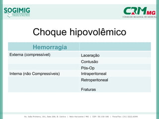 Choque hipovolêmico
Hemorragia
Externa (compressível) Laceração
Contusão
Pós-Op
Interna (não Compressíveis) Intraperitoneal
Retroperitoneal
Fraturas
 
