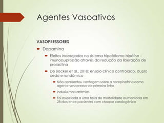 Agentes Vasoativos
VASOPRESSORES
 Dopamina
 Efeitos indesejados no sistema hipotálamo-hipófise –
imunossupressão através da redução da liberação de
prolactina

 De Backer et al., 2010: ensaio clínico controlado, duplo
cedo e randômico
 Não apresentou vantagem sobre a norepinefrina como
agente vasopressor de primeira linha
 Induziu mais arritmias
 Foi associada a uma taxa de mortalidade aumentada em
28 dias entre pacientes com choque cardiogênico

 