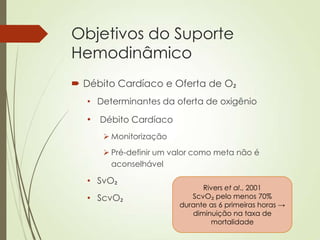 Objetivos do Suporte
Hemodinâmico
 Débito Cardíaco e Oferta de O₂
• Determinantes da oferta de oxigênio

• Débito Cardíaco
 Monitorização
 Pré-definir um valor como meta não é
aconselhável

• SvO₂

• ScvO₂

Rivers et al., 2001
ScvO₂ pelo menos 70%
durante as 6 primeiras horas →
diminuição na taxa de
mortalidade

 