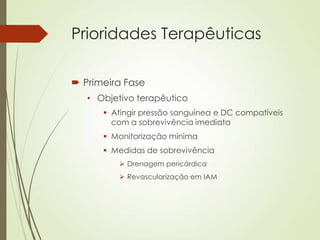 Prioridades Terapêuticas
 Primeira Fase
• Objetivo terapêutico
 Atingir pressão sanguínea e DC compatíveis
com a sobrevivência imediata
 Monitorização mínima
 Medidas de sobrevivência
 Drenagem pericárdica
 Revascularização em IAM

 