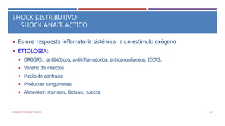 SHOCK DISTRIBUTIVO
SHOCK ANAFILACTICO
 Es una respuesta inflamatoria sistémica a un estimulo exógeno
 ETIOLOGIA:
 DROGAS: antibióticos, antiinflamatorios, anticancerígenos, IECAS.
 Veneno de insectos
 Medio de contraste
 Productos sanguineoas
 Alimentos: mariscos, lácteos, nueces
ESTADO DE CHOQUE O SHOCK 119
 