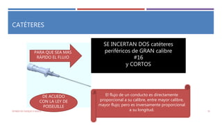 ESTADO DE CHOQUE O SHOCK 70
CATÉTERES
SE INCERTAN DOS catéteres
periféricos de GRAN calibre
#16
y CORTOS
DE ACUEDO
CON LA LEY DE
POISEUILLE
PARA QUE SEA MAS
RÁPIDO EL FLUJO
El flujo de un conducto es directamente
proporcional a su calibre, entre mayor calibre,
mayor flujo; pero es inversamente proporcional
a su longitud.
 