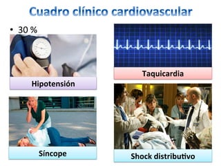•  30	%	
Síncope	
Hipotensión	
Taquicardia	
Shock	distribuQvo		
 