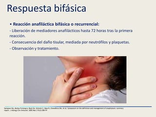 Respuesta bifásica
• Reacción anafiláctica bifásica o recurrencial:
- Liberación de mediadores anafilácticos hasta 72 horas tras la primera
reacción.
- Consecuencia del daño tisular, mediada por neutrófilos y plaquetas.
- Observación y tratamiento.
Sampson HA, Muñoz-Furlong A, Bock SA, Schmitt C, Bass R, Chowdhury BA, et al. Symposium on the definition and management of anaphylaxis: summary
report. J Allergy Clin Immunol. 2005 Mar;115(3):584-91
 