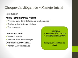 Choque Cardiógenico –Manejo Inicial 
Introducción 
APOYO HEMODINAMICO PRECOZ 
 Prevenir aum. De la disfunción e insuf órganica 
Realizar asi no se tenga etiologia 
 Corregir causa 
CATETER ARTERIAL 
Manejar presión 
Toma de muestras de sangre 
CATETER VENOSO CENTRAL 
Admón LEV y vasoactivos 
 OXIGENO 
 REANIMACIÓN CON LEV 
 AGENTES VASOACTIVOS 
Para prevenir probleas de 
shock 
 