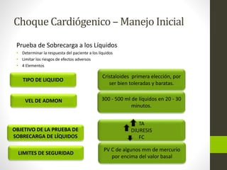 Choque Cardiógenico –Manejo Inicial 
Prueba de Sobrecarga a los Líquidos 
• Determinar la respuesta del paciente a los líquidos 
• Limitar los riesgos de efectos adversos 
• 4 Elementos 
TIPO DE LIQUIDO 
Cristaloides primera elección, por 
ser bien toleradas y baratas. 
VEL DE ADMON 
OBJETIVO DE LA PRUEBA DE 
SOBRECARGA DE LÍQUIDOS 
300 - 500 ml de líquidos en 20 - 30 
minutos. 
TA 
DIURESIS 
FC 
LIMITES DE SEGURIDAD 
PV C de algunos mm de mercurio 
por encima del valor basal 
 