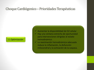 Choque Cardiógenico – Prioridades Terapéuticas 
2. Optimización 
 Aumentar la disponibilidad de O2 celular 
 Hay una ventana estrecha de oportunidad 
para intervenciones dirigidas al estado 
hemodinámico. 
 La reanimación hemodinámica adecuada 
reduce la inflamación, la disfunción 
mitocondrial y la activación de la caspasa. 
 