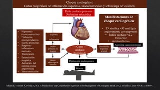 Choque cardiogénico
Ciclos progresivos de inflamación, isquemia, vasoconstricción y sobrecarga de volumen
Daño cardiaco primario
Disfunción miocárdica
Manifestaciones de
choque cardiogénico
• TA sistólica <90 mmHg (o
requerimiento de vasopresor)
• Índice cardiaco <2.2
l/min/m2
• Acidosis láctica
• Hipoxemia
(vasoconstricción)
• Disfunción
microcirculatoria
• Edema pulmonar
• Respuesta
inflamatoria
sistémica
• Traslocación
bacteriana
• Estimulación
simpática
• Activación del
sistema renina
angiotensina
• Venoconstricción
Isquemia
+
Inflamación
Menor
perfusión en
órganos
Mayor
sobrecarga de
volumen
Disminución
de presión
arterial
Aumenta vasoconstricción
Disfunción muliorgánica
Muerte
Gasto
cardiaco
disminuido
Tehrani B, Truesdell A, Psotka M, et al. A Standardized and Comprehensive Approach to the Management of Cardiogenic Shock. JACC Heart Fail . 2020 Nov;8(11):879-891.
 