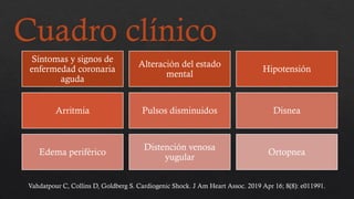 Cuadro clínico
Síntomas y signos de
enfermedad coronaria
aguda
Alteración del estado
mental
Hipotensión
Arritmia Pulsos disminuidos Disnea
Edema periférico
Distención venosa
yugular
Ortopnea
Vahdatpour C, Collins D, Goldberg S. Cardiogenic Shock. J Am Heart Assoc. 2019 Apr 16; 8(8): e011991.
 