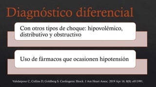 Diagnóstico diferencial
Con otros tipos de choque: hipovolémico,
distributivo y obstructivo
Uso de fármacos que ocasionen hipotensión
Vahdatpour C, Collins D, Goldberg S. Cardiogenic Shock. J Am Heart Assoc. 2019 Apr 16; 8(8): e011991.
 