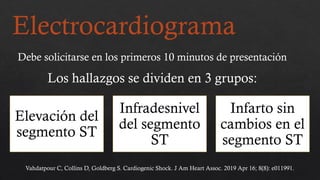 Electrocardiograma
Debe solicitarse en los primeros 10 minutos de presentación
Los hallazgos se dividen en 3 grupos:
Elevación del
segmento ST
Infradesnivel
del segmento
ST
Infarto sin
cambios en el
segmento ST
Vahdatpour C, Collins D, Goldberg S. Cardiogenic Shock. J Am Heart Assoc. 2019 Apr 16; 8(8): e011991.
 