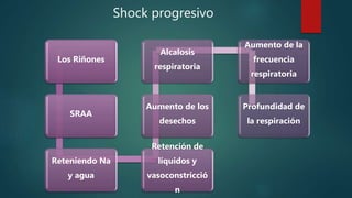 Shock progresivo
Los Riñones
SRAA
Reteniendo Na
y agua
Retención de
líquidos y
vasoconstricció
n
Aumento de los
desechos
Alcalosis
respiratoria
Aumento de la
frecuencia
respiratoria
Profundidad de
la respiración
 